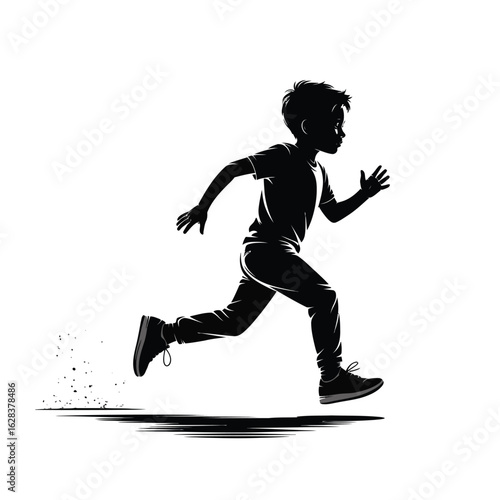 Silhouette of a young boy running with energy and speed