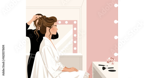 Vector illustration of a bride preparing on her wedding day in a beauty salon