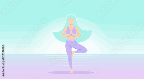 Vector illustration of a woman practicing yoga tree pose in a serene pastel landscape