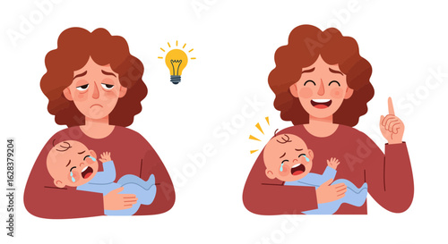 Illustration showing a mother's emotional transition from exhaustion with a crying infant to relief after finding a solution. Parenting challenges concept.