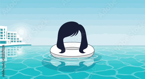 Whimsical Cartoon of a Hair Wig Floating on a White Inflatable Ring in Pool Water Showing Resort