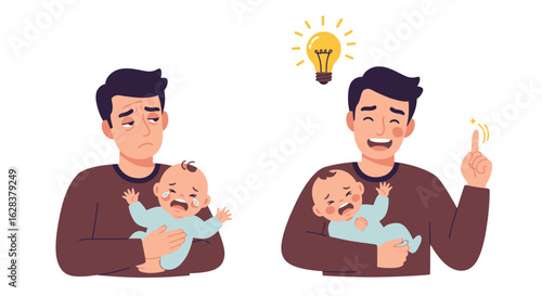 Vector illustration showing a tired father with a crying baby who finds a solution. Before and after concept of parenting challenges and inspiration.