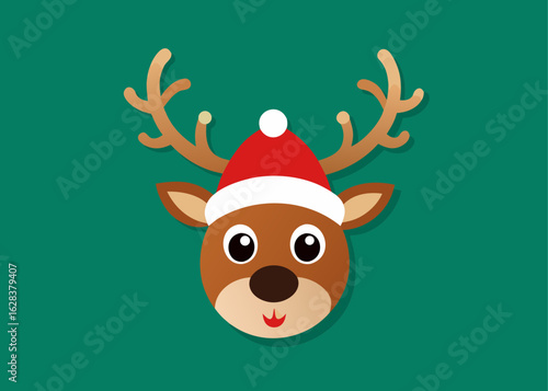 Cute reindeer wearing a santa hat on a green background