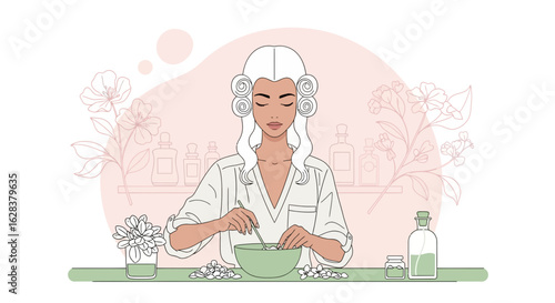 Woman creating natural cosmetics at home with essential oils and herbs preparation