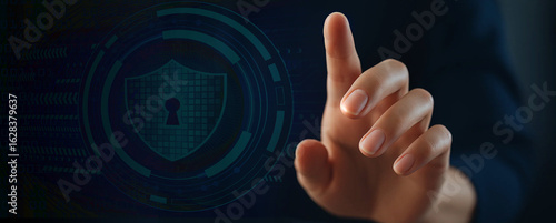 Cyber security system and data protection concept. Women using fingerprint scanning access data Passkey Lock Security.