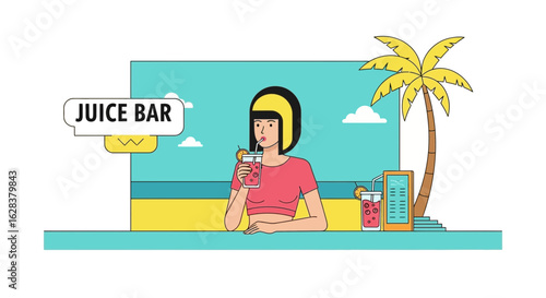 Woman enjoying a fresh tropical fruit juice at a vibrant beachside juice bar scenery