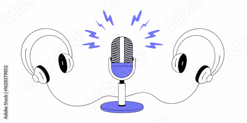 Podcast recording studio with microphone and headphones for audio production and broadcast setup show