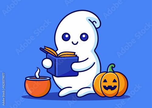Cute ghost reading a book next to a pumpkin and a candle