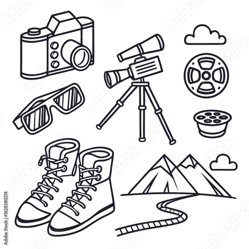 Illustration of camera, telescope, sunglasses, boots, mountains, film reel and clouds in black outline