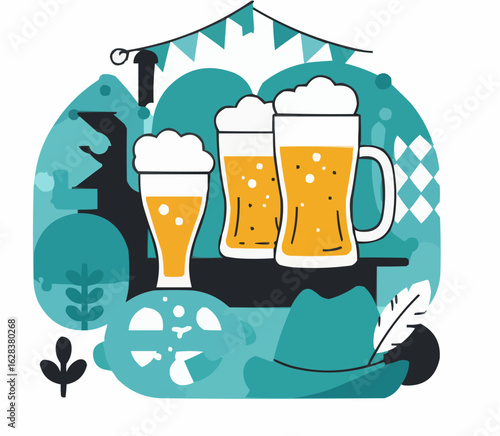 beer mugs and hat in teal and yellow clip art preview