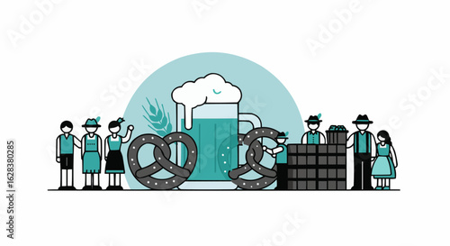 Oktoberfest illustration with people, beer and pretzels.