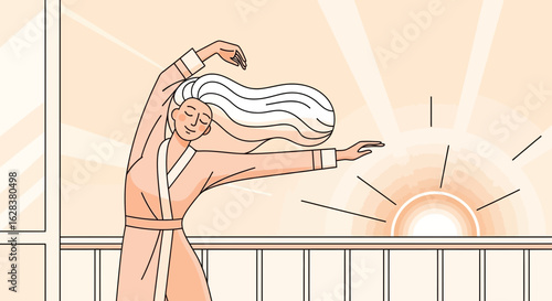 Woman in robe stretching in the morning light on the balcony illustration