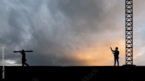 Crane lifting number 6 and come down to 2026, prepare for welcome start of beginning new year 2026 with silhouette construction site and worker staff team cooperate together, sunrise sky at background