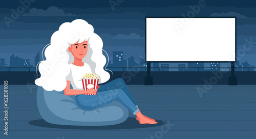 Woman relaxing with popcorn watching a movie in rooftop cinema vector illustration