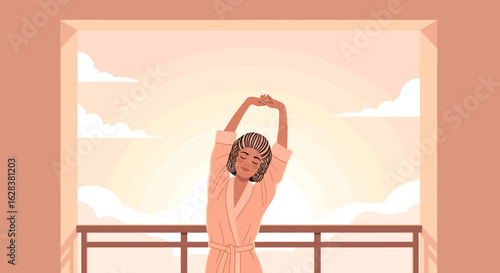Woman stretching on a balcony enjoying the sunrise in a relaxed morning scene for wellness and