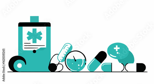 Medical equipment, a collection of pills and medical instruments, presented with a sterile aesthetic.