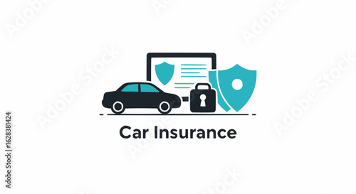 Car insurance concept image with a car and shield icons, symbolizing security and protection.
