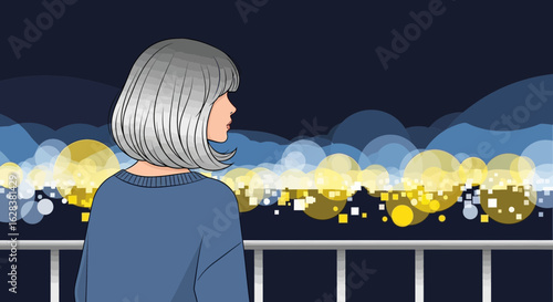 Woman with silver hair contemplating the city lights at night from a balcony