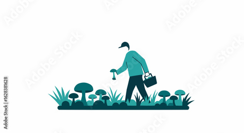 An elderly man mushroom hunting through a beautiful field.