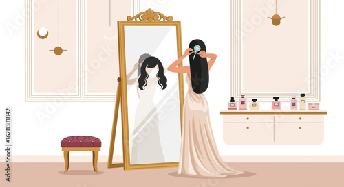 Elegant woman in a dress admiring herself in a gilded mirror preparing for event