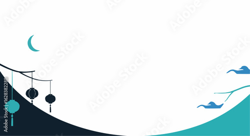 Minimalist Asian-inspired design with moon and lanterns. 