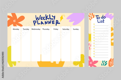 Cute printable planner set – weekly and daily schedule, school timetable, organizer, to-do list, journal, and note templates. Modern design.