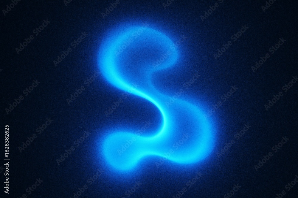Naklejka premium Luminous blue plasma energy forming sweeping s shape, generating dynamic technological visualization against deep dark background