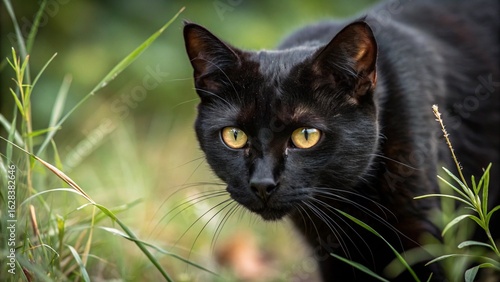 black cat hunting in green grass