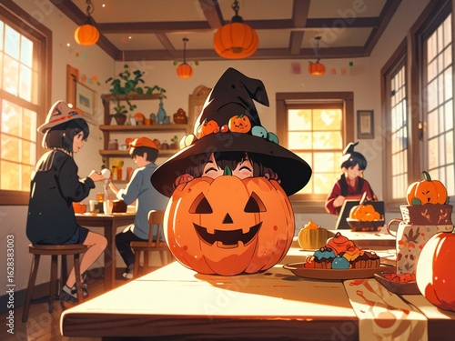 Joyful anime Halloween scene with cute kids and creatures in costumes, bold lines, solid flat colors, no gradients, pumpkins, candy, dancing, spooky-fun vibe, vibrant festive background.
