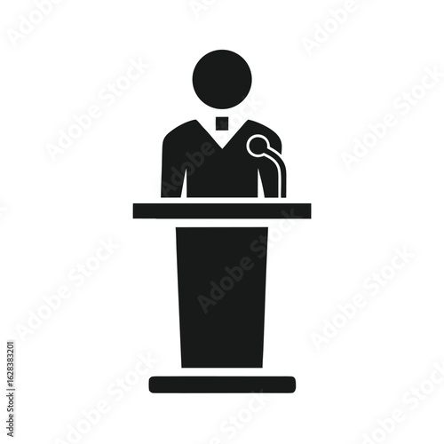 Black silhouette icon of a person speaking at a podium with a microphone speech speaker