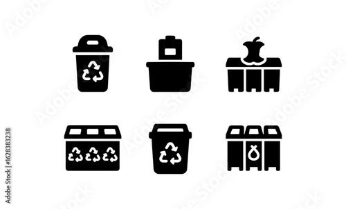 Black and white recycling bin icons for waste management and sustainability