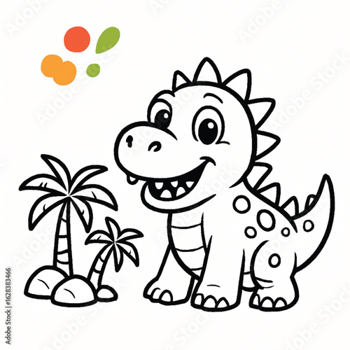 Adorable dinosaur character line art for a children's coloring book with tropical palms