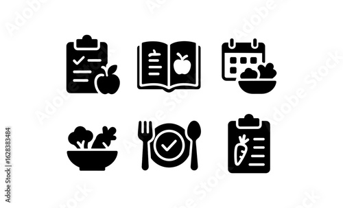 Healthy meal planning icons set featuring diet and nutrition symbols
