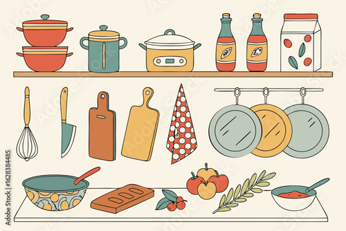  kitchen utensils, kitchenware, cookware, pots, pans, knives, cutting boards, dishes, glassware, bottles, jars, spices, herbs, fruits, vegetables, bowls, plates, cups, mugs, appliances, vases, kitch