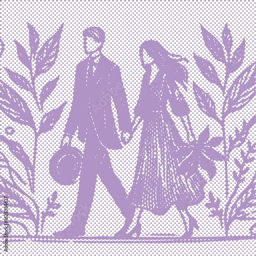 Halftone Vector Art: Man and Woman Walking with Leaves. Elegant Couple Strolling Amidst Nature
