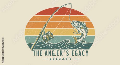 Retro graphic design of a fish caught on a fishing rod, showcasing the "Angler's Legacy" theme.