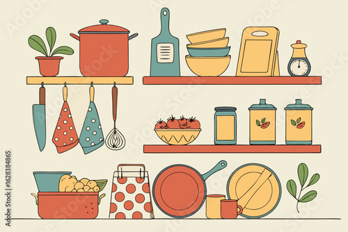  kitchen utensils, kitchenware, cookware, pots, pans, knives, cutting boards, dishes, glassware, bottles, jars, spices, herbs, fruits, vegetables, bowls, plates, cups, mugs, appliances, vases, kitch