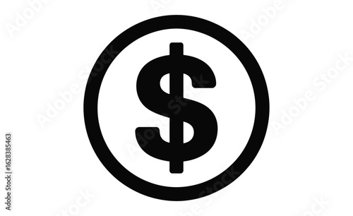 Minimal dollar sign icon in black silhouette within circle—symbol of currency, finance, economics, and monetary value on white background