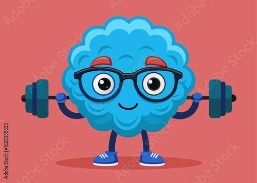 Cartoon brain character lifting weights