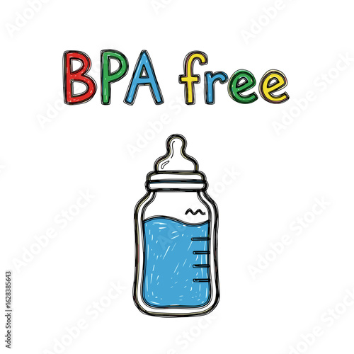 BPA free baby bottle with water illustration in bright colors  