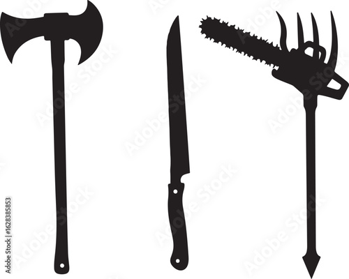 Dangerous tools collection axe knife chainsaw trident silhouette