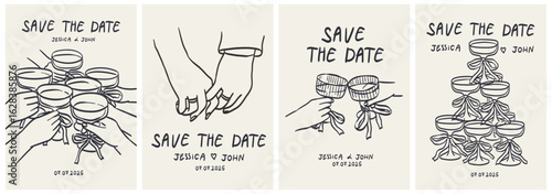 Hand drawn wedding illustrations. Italian style dinner party posters and placards. Wine, champagne glass, or cocktails for wedding invitations, menus, placards and posters. Ink doodle sketch style.