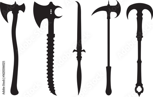 Powerful medieval weapons set, sharp axes and blades