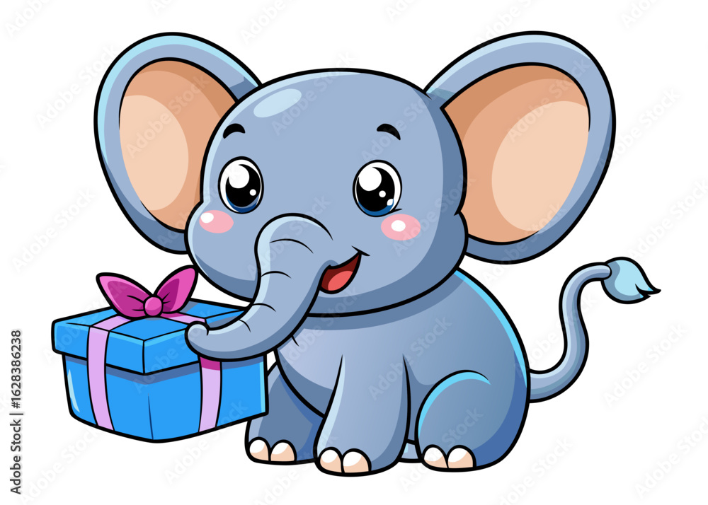 Naklejka premium Cute cartoon elephant holding a blue gift box with a pink bow