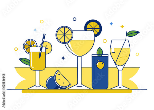 Refreshing yellow drinks with citrus garnish and blue accents