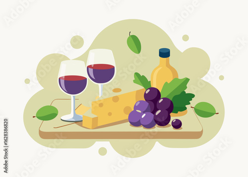 Gourmet wine and cheese platter with grapes and bottle