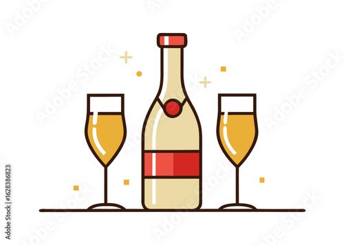 Champagne bottle and two glasses with festive sparkles