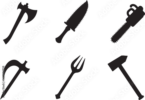 Iconic tools collection: axe, chainsaw, hammer, sickle, fork, knife