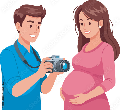 Happy couple during a maternity photoshoot man with camera and pregnant woman in pink dress.