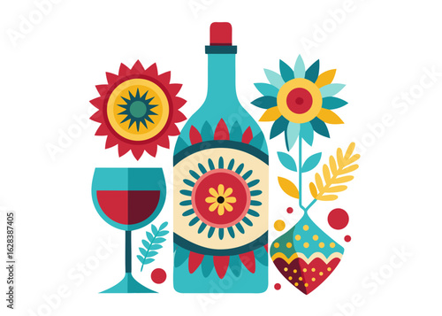 Festive wine bottle and flowers in a vibrant folk art style